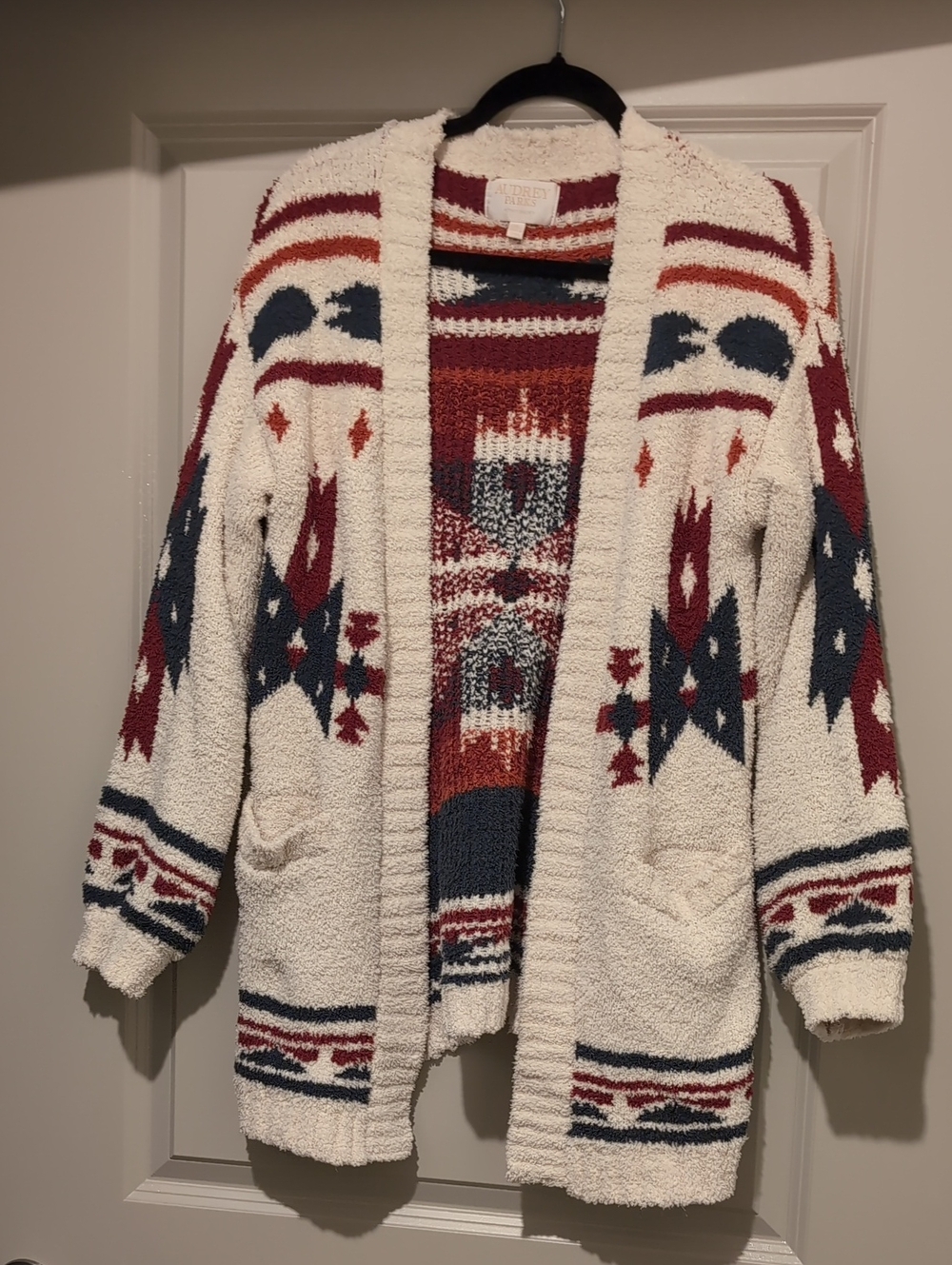 Cozy Aztec Open-Front Cardigan Sweater in Ivory, Red & Navy